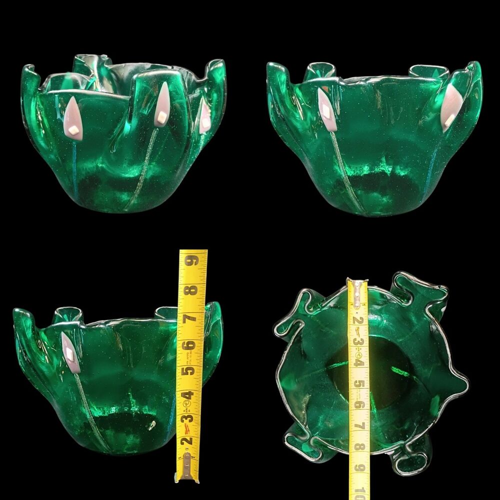 Hand Draped Green Art Glass Large Handkerchief Bowl Abstract Flower Accents